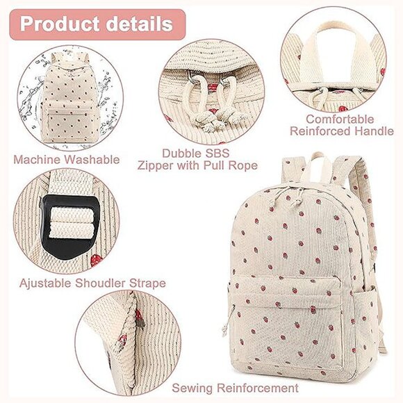 Large Corduroy Bookbag Lightweight 17 inch-Beige-strawberry 2pc - Picture 6 of 7